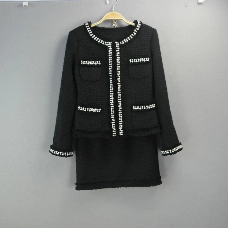 Черно-белый твидовый пиджак+ юбка костюм тяжелый бисером осень / зима женский шерстяной пиджак женский твид юбки костюм