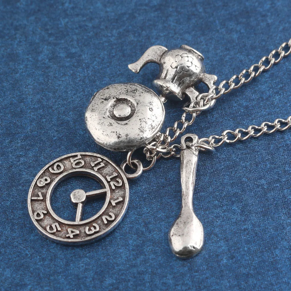 Алиса в стране чудес серебряное ожерелье в винтажном стиле кофейная чашка часы ложка для чайника женское колье-подвеска мужские ювелирные изделия подарок аксессуары