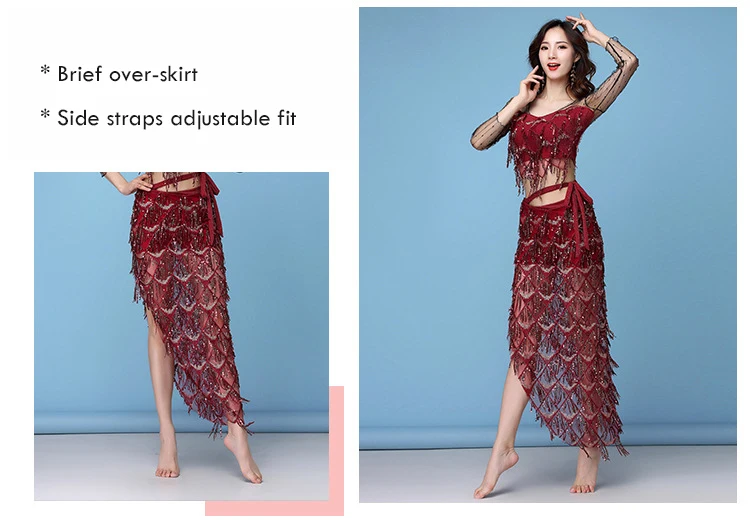 Новая мода Женская одежда для танца живота эластичная сетка сверкающие блестки над юбкой бахрома хип шарф костюм комплект из 2 предметов Топ и пояс