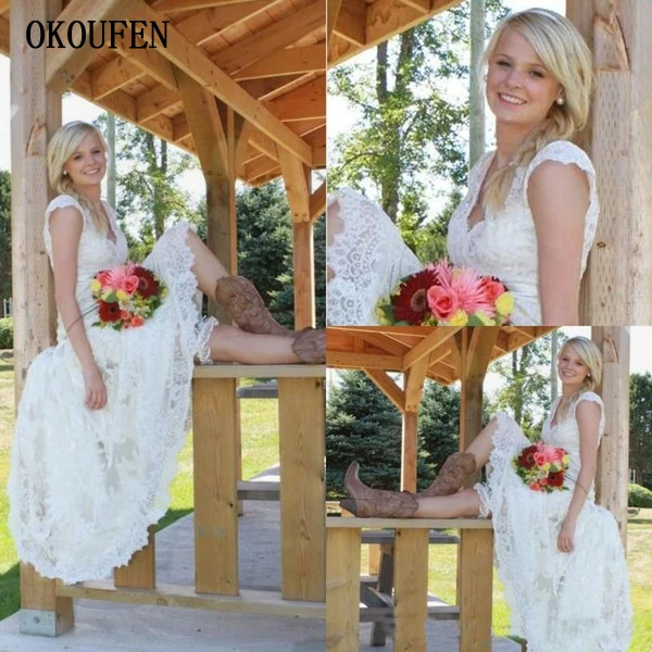 High Low Western Country Wedding Dresses 2018 Sweetheart A Line Tired Skirt Lace Hi-lo Bohemian Beach Bridal Gowns Cheap Plus Size Custom 副本