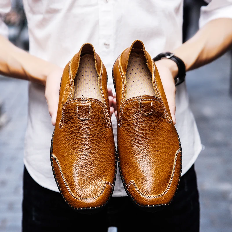 2018 Cuero Conducción Los Zapatos Negro Tamaño blanco azul Casuales Primera Guisantes De Verano Perezosos marrón Gran Hombres Tendencia Capa 7Frx7SO
