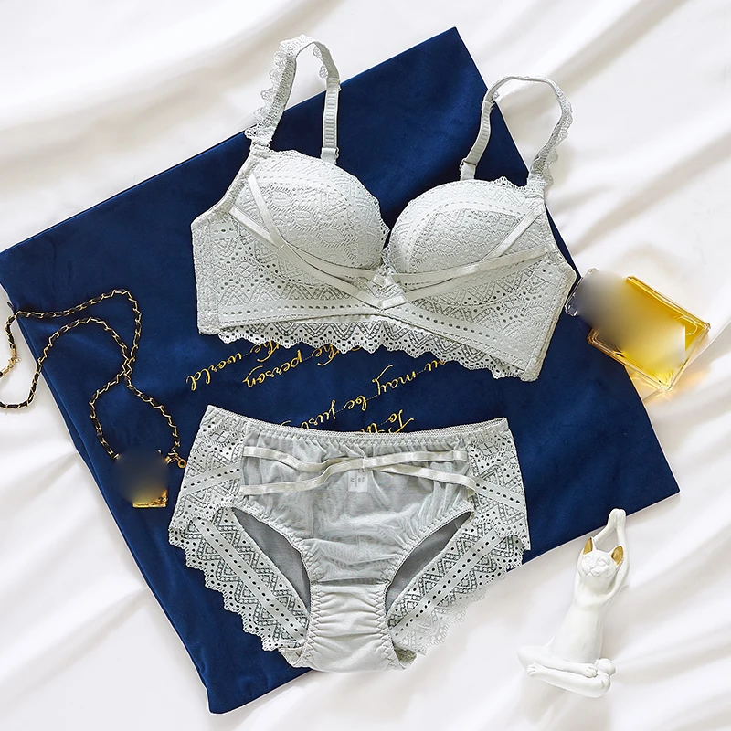 

New Sexy Lace Underwear Set Women Small Chest Seamless Wire Free Push Up Bra Set adjustable Brassiere and AB Cup Lingerie