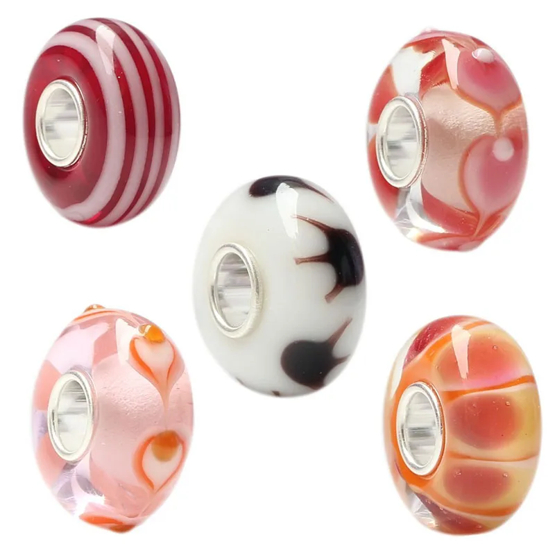 

925 Sterling Silver Large Hole 3D Colorful Flowers and love Petals Murano Glass Charm Retro Beads Fit European Bracelet Jewelry