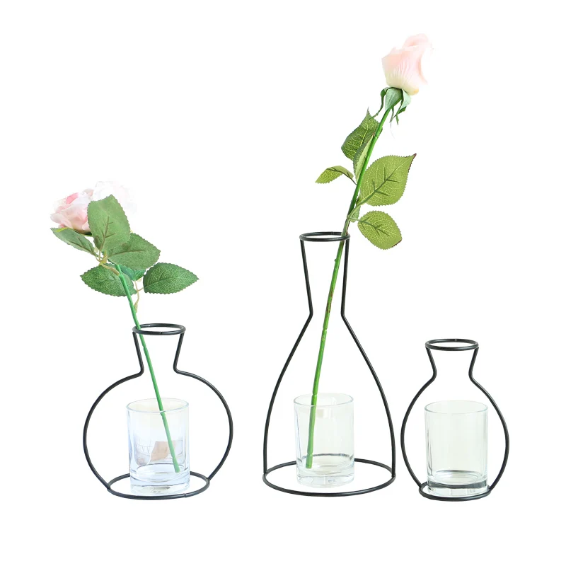 Creative Iron Shelving Flower Plant Vase Metal Frame Glass Flower Vase Stand Holder Terrarium Container Home Decor