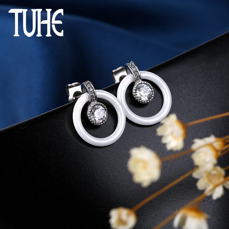 

Elegant White Ceramic Circle Big Carat AAA Healthy Ceramic Round Zirconia Round Earrings For Women Lady New Year Christmas Gifts