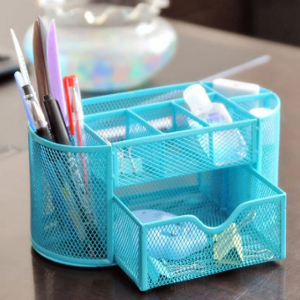 

SOSW-Multifunctional 9 Components Metal Table Statinery Storage Box Desktop Organizer with Drawers (Sky Blue)