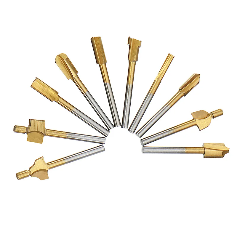 10pcs/Set 3mm HSS Titanium Router Bits Wood Cutter Milling Fits Dremel
