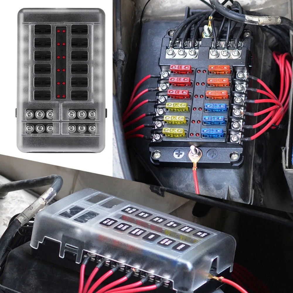 

12V 32V Plastic Cover Fuse Box Holder M5 Stud With LED Indicator Light 12 Ways Blade Bus Bar Car Kit for Auto Car Boat Marine