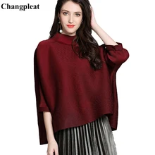 Changpleat осенние новые женские футболки большого размера Miyak плиссированные Модные Дизайнерские водолазки однотонные свободные женские футболки Топ Tide