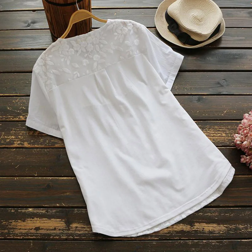  Woman 2019 New Women Short Sleeves Shirt Button Front Lace Embroidery Summer Tops Blusas Chemise Fe