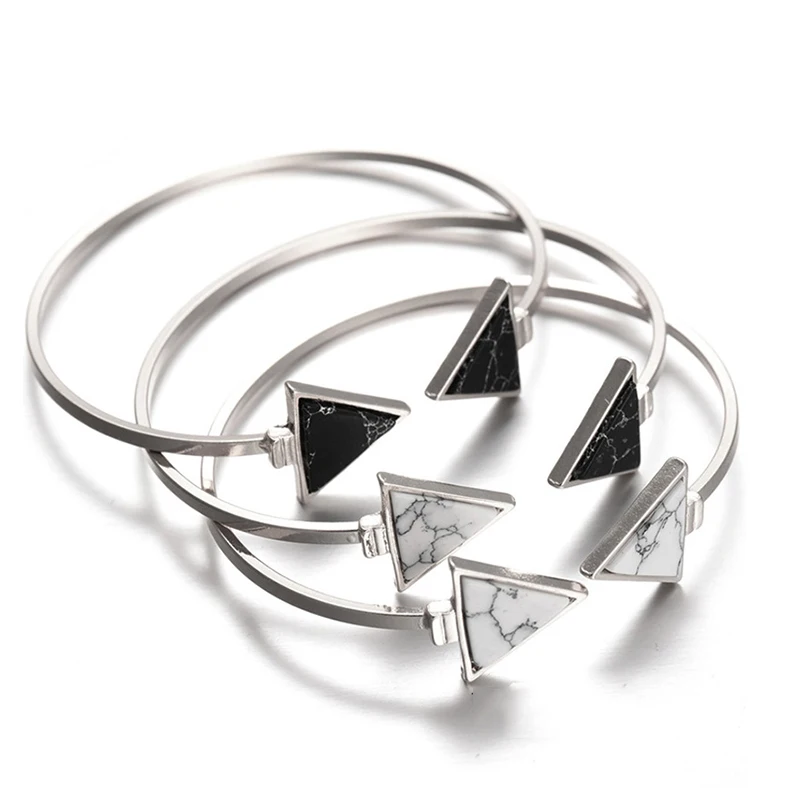 

Punk Simple 1PC Round Triangle Geometric Alloy Silvery Adjustable Marble Stone Opening Bangles Bracelet Women Unique Jewelry