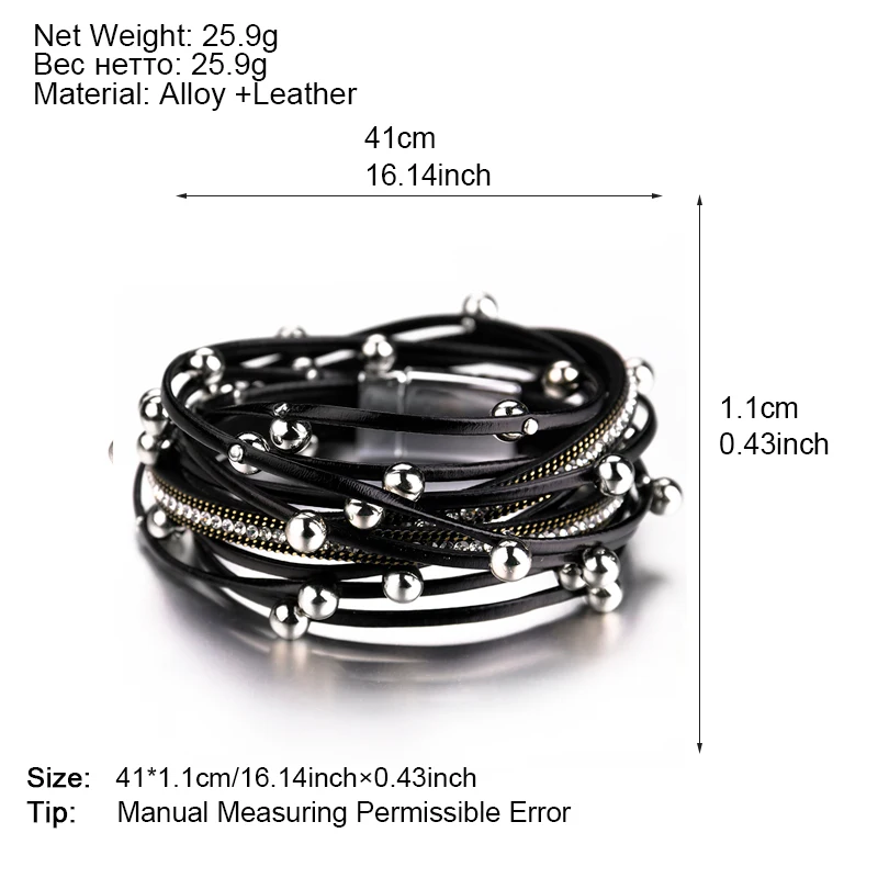 ALLYES Metal Beads Charm Leather Bracelets for Women Fashion 2020 Crystal Chain Bohemian Multilayer Wrap Bracelet Female Jewelry
