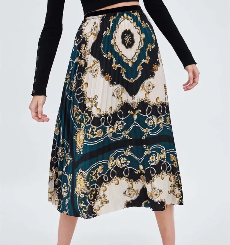 Новые осенние Для женщин Винтаж цепи цветок печати плиссированные миди юбка faldas mujer женские с эластичной талией повседневные облегающие Шикарный Бренд юбки