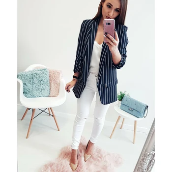 

European Style Autumn Women Turn-down V-neck Suit Pattern Striped Jacket Slim Office Lady Outwear Black FS0833