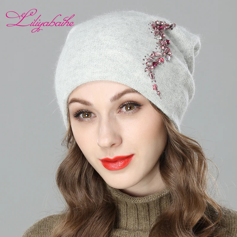 Billig LILIYABAIHE Frauen Herbst Und Winter Hut angora Gestrickte Skullies Mützen Cap Sexy bart diamant dekoration hüte für Mädchen