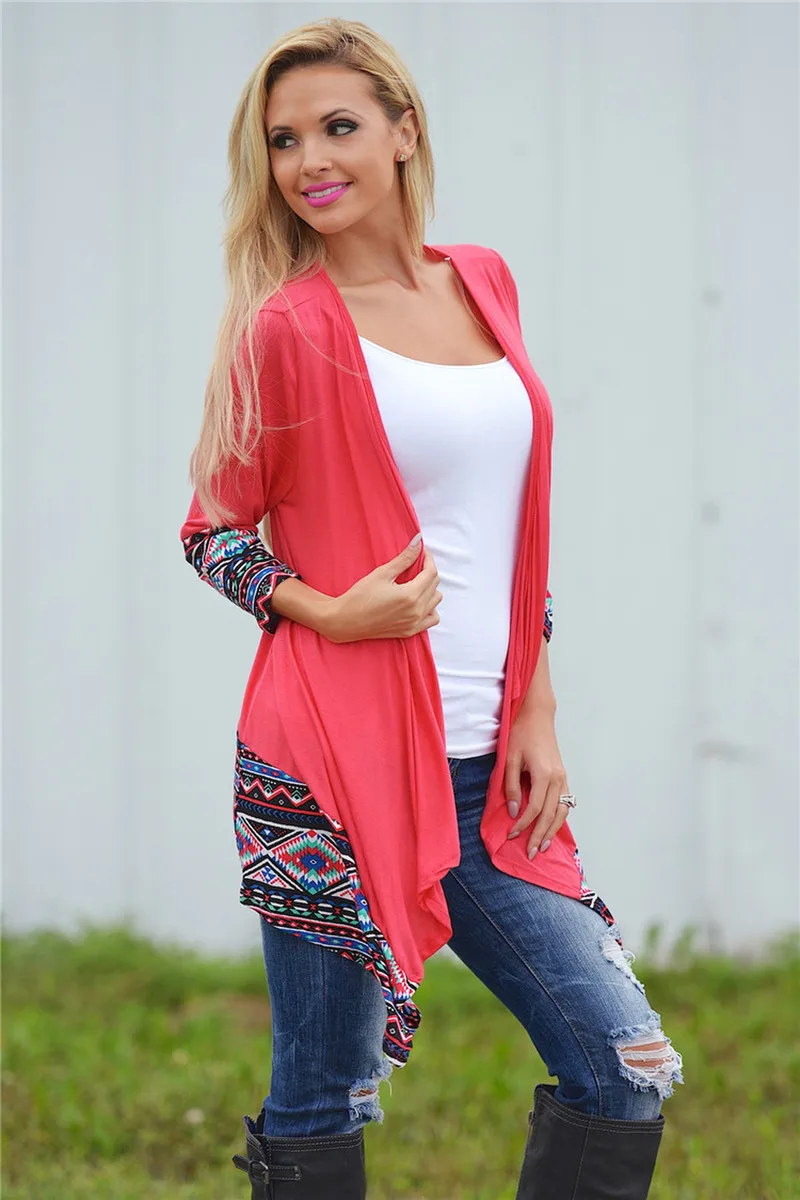 

Boho Exotic Vogue Cardigan Moda Mujer Personality Print Cuffs Hem Red Long Sleeve Coat Elegant Thin Shawl Jacket Vogue Cardigan