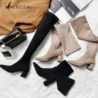 MNIXUAN Sexy high quality women long boots shoes winter 2018 pointed toe stretch velvet over the knee thigh high boots plus size