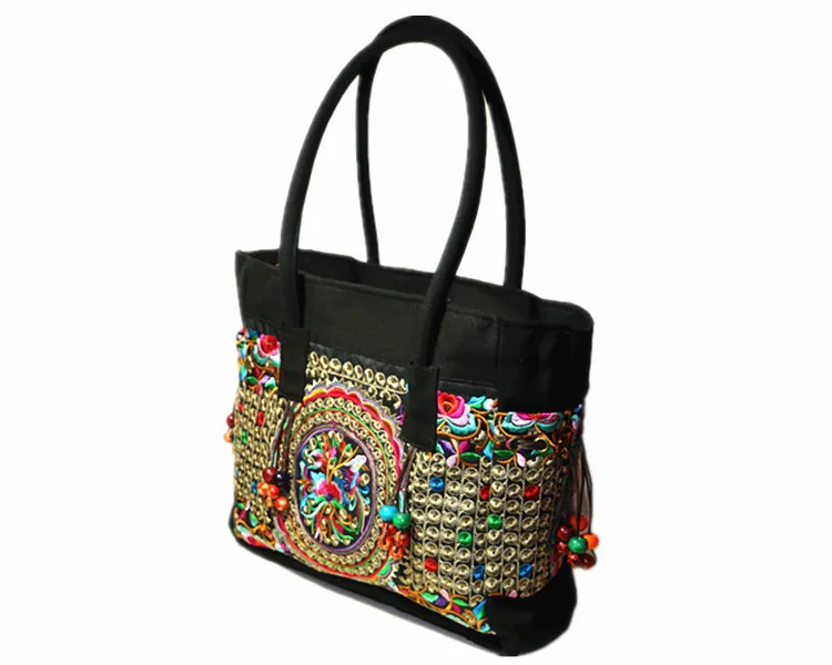 Женские холщовые сумки с цветочной вышивкой в этническом стиле, повседневная сумка на плечо, большая ручная сумка с бисером, винтажная сумка
