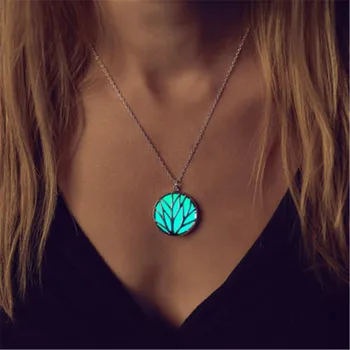 

12pcs/lot Glowing Tree Necklace Blue Glow in the Dark life Tree Statement Round Circle Spiritual Necklace