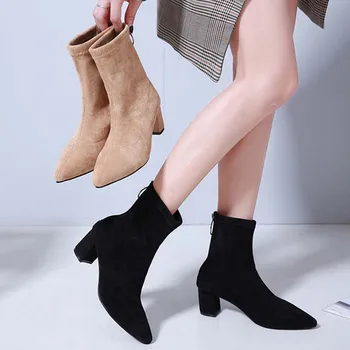 

Winter New Fashion European And American Style Suede Women'S Ankle Boots Comfortable Thick High Heel Pointed Toe Shoes Female