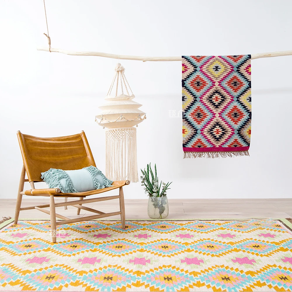 Индийский шерстяной ковер килим геометрический богемский индийский красный розовый плед полосатый современный дизайн в скандинавском стиле