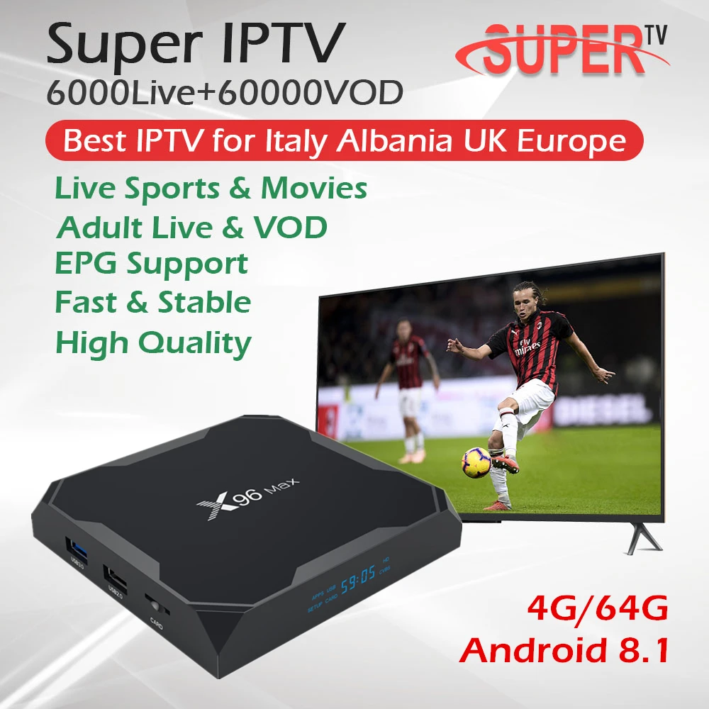 

X96 Max Android 8.1 TV Box+Italy Poland Europe Adult Iptv 4G/32G&4G/64G Amlogic S905X2 2.4G/5.8G Dual WiFi USB 3.0 BlueTooth 4K