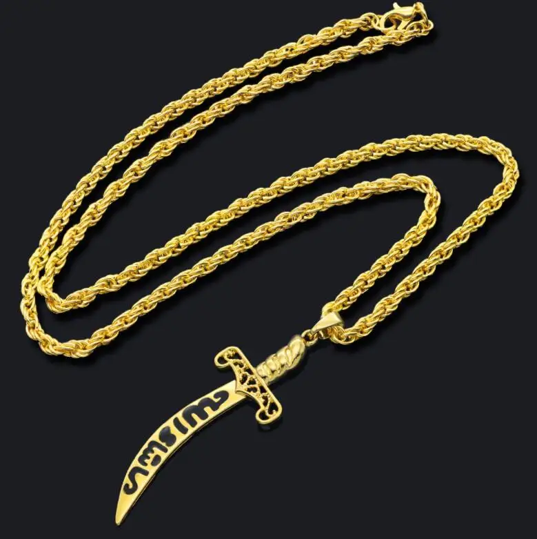 

Trendy Islamic sword Allah Jihad logo Damascus knife Pendant Bling Cuban Chain Necklace Hip Hop Rock Fashion Style Long Twist Je