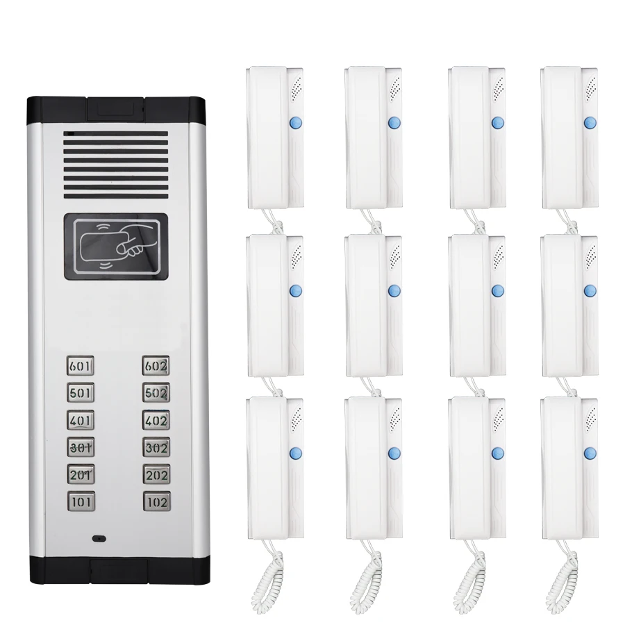 JERUAN Building Security Direct Press Key Audio Door Phone for 12 Apartments, 2-wired Audio Intercom Unlock System 20 RFID Free