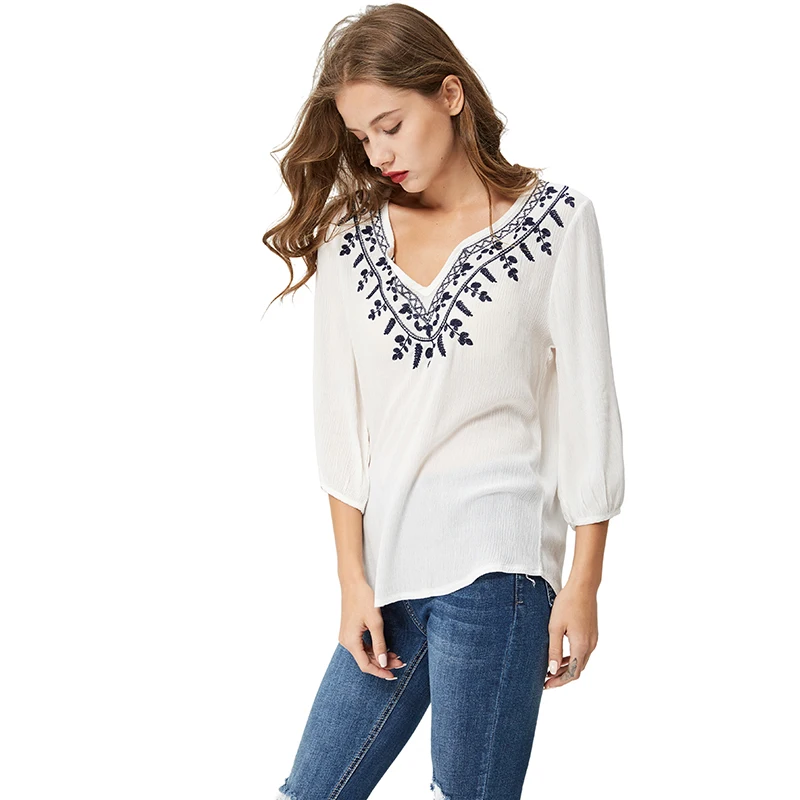  GLO-STORY Summer retro shirt 2018 Chiffon Embroidery Women blouse White vintage V neck blouse femme