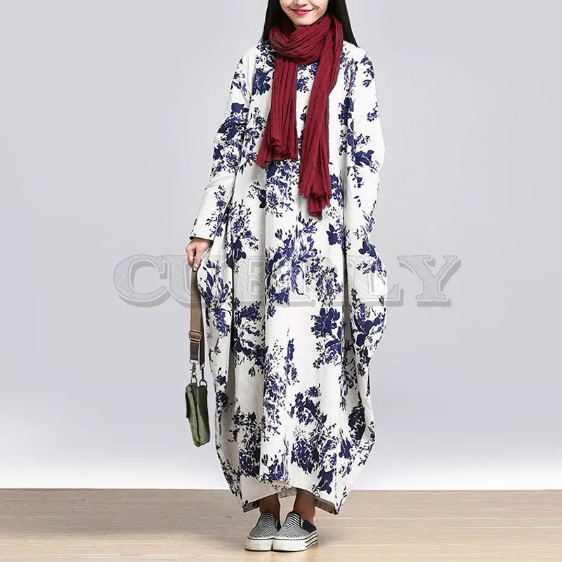 Image CUERLY 2019 Spring Fashion Women O Neck Long Sleeve CUERLY Casual Floral Printed Cotton Linen Baggy Party Long Maxi Dress