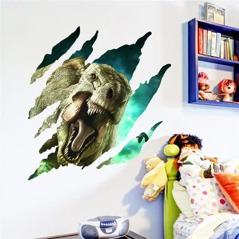 

3d dinosaurs broken hole wall stickers kids room home decoration safari pvc decal animals mural art