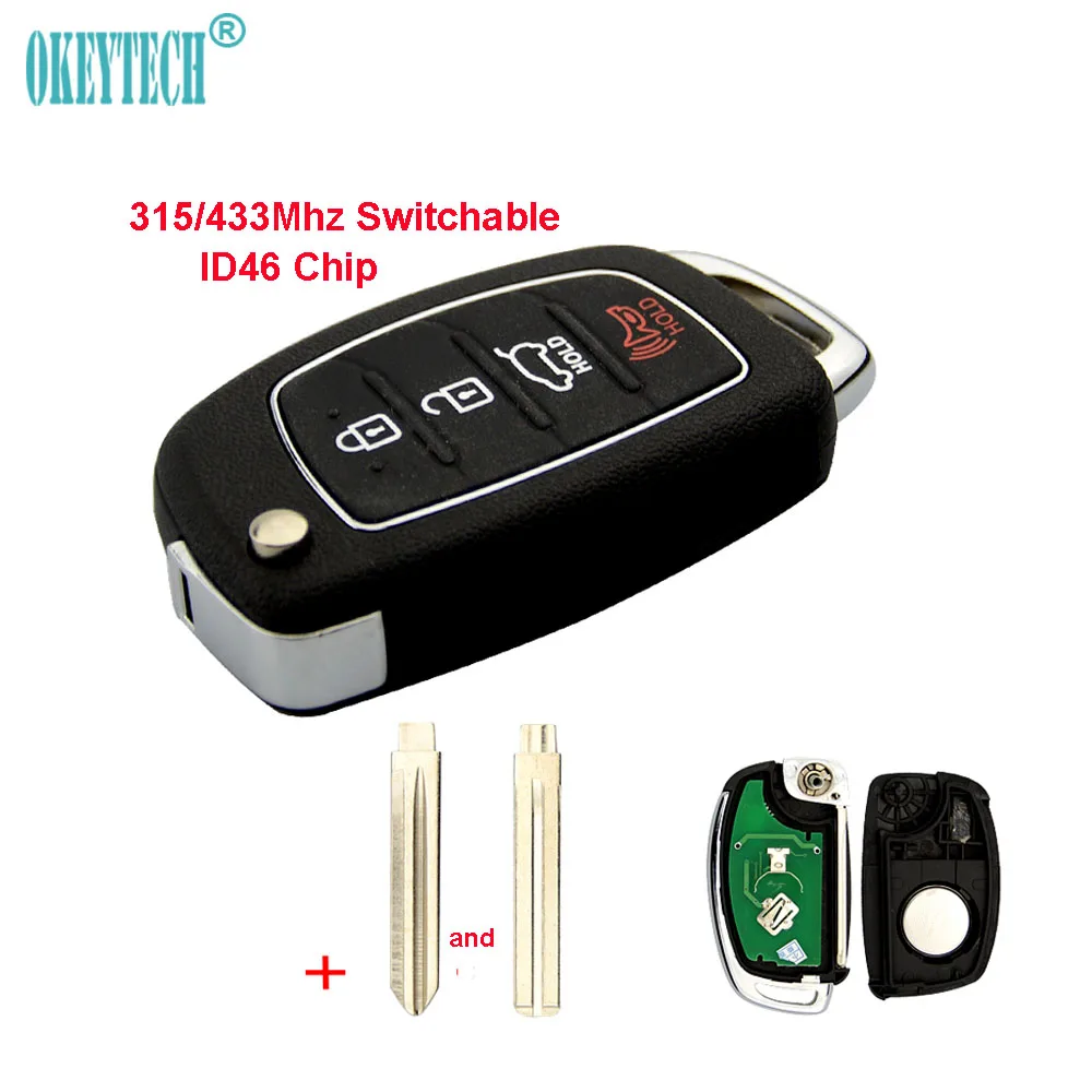 

OkeyTech 3+1 4 Button Flip Folding Remote Control Car Key Fob Case with 2 Uncut Blade 315/433Mhz ID46 Chip for Hyundai I30 IX45