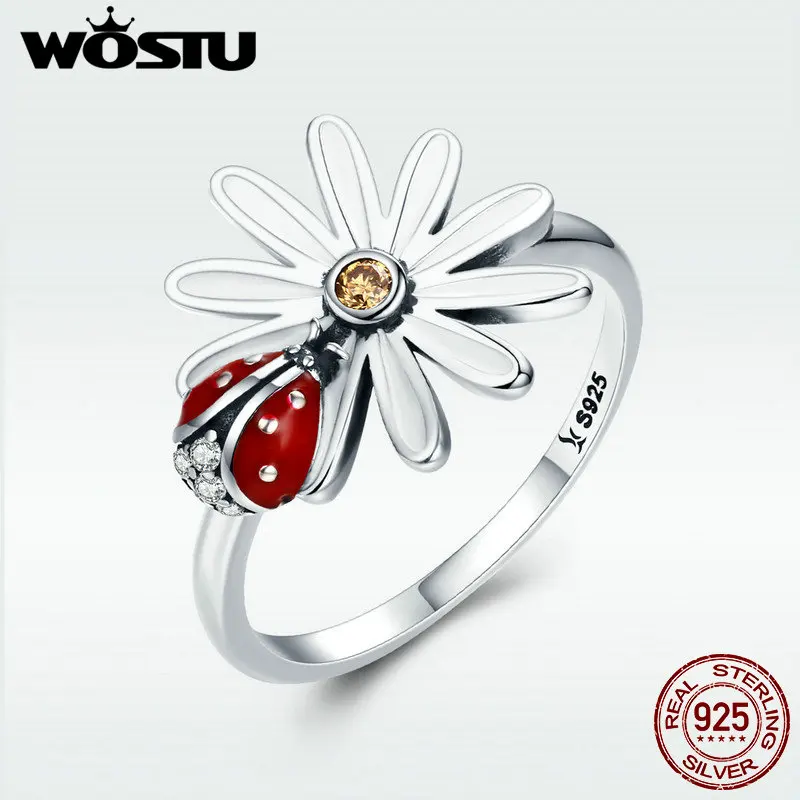 

WOSTU 2019 Spring New 925 Sterling Silver Daisy & Ladybug Wonderland Finger Rings for Women Party Silver Jewelry DXR284
