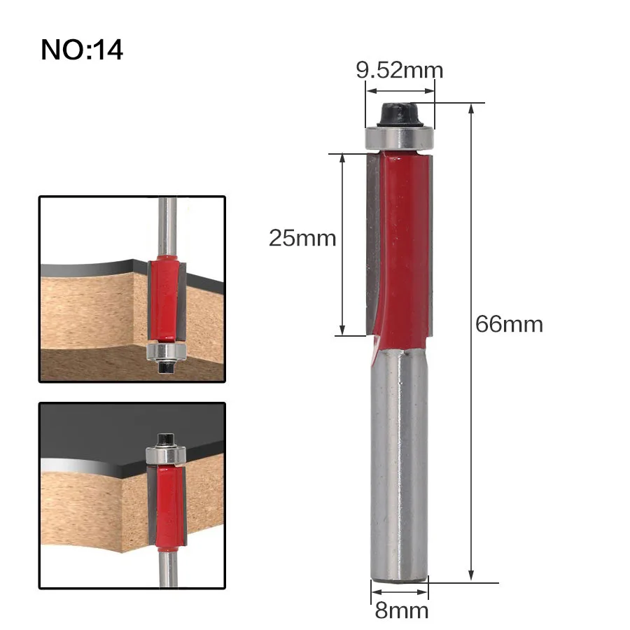 1 шт. 8 мм хвостовик древесины маршрутизатор бит прямой Концевая фреза триммер очистка заподлицо отделка угловая круглая бухта коробка биты инструменты фреза - Длина режущей кромки: NO14