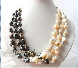 

DD Wholesale FREE SHIPPING 3Strands 20'' 12mm Pink Black Baroque Freshwater Pearl Necklace