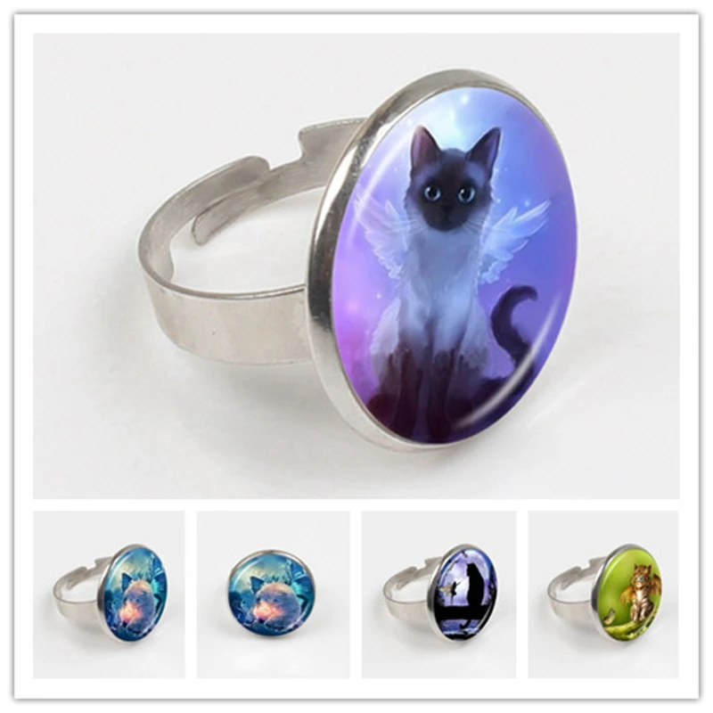 

Cute Grey Fairy Cat Photo Ring Angel Wing Cat Ring Kitten Jewelry Animal Sweater Ring Glass Dome Jewellery