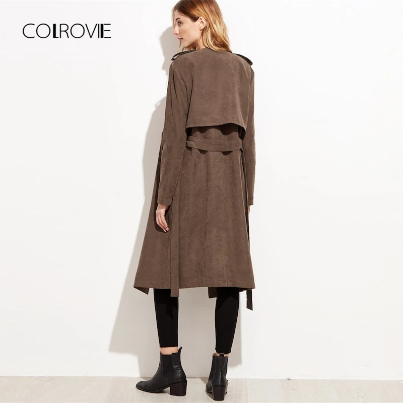 COLROVIE Brown Layered Waterfall Belted Elegant Winter Suede Long Trench Coat Women Clothes 2018 Autumn Wrap Outerwear & Coats