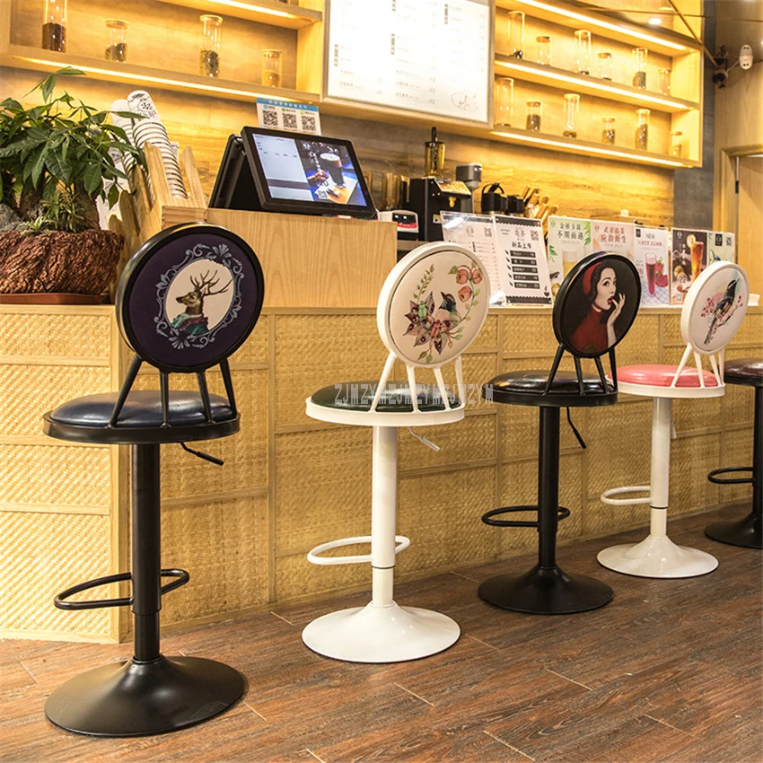 Antique European Style 60-80cm Height Adjustable Swivel Bar Chair Stool Iron Art Soft Cushion High Footstool Rotatable Backrest