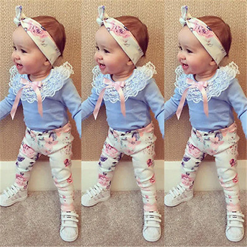 Baby Children Sets Clothes Newborn Baby Girls Tops T-shirt+Floral Pants +Headband Set Toddler Clothes Outfit