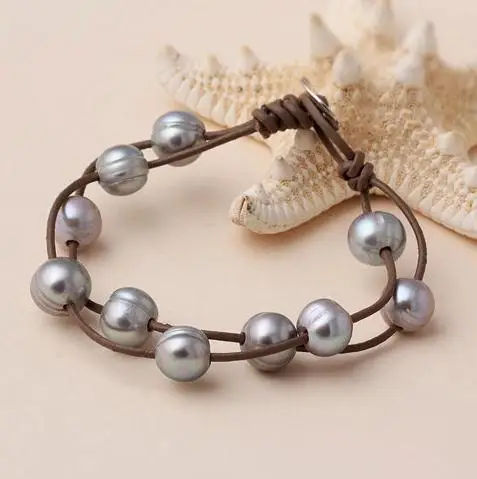 Large Hole Pearl On Leather Bracelet Double Strands 10 11mm Large Hole Pearl On Leather Bracelet Double Strands 10 11mm White