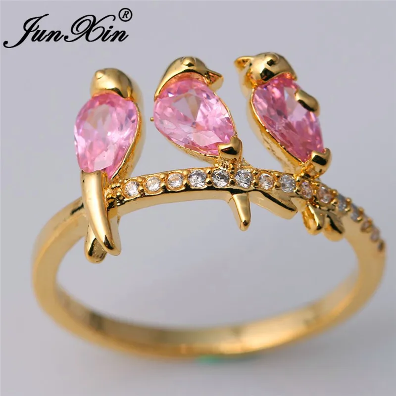 JUNXIN Cute Animal Pink Birds Rings For Women Yellow Gold Filled Red Stone Green Purple Zircon Birthstone Ring Female Wedding