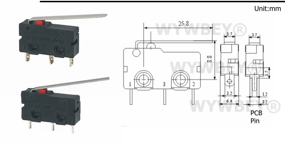 5 шт. мини микро концевой выключатель без NC 3 контакта PCB терминалы SPDT 5A 125 в 250 в 29 мм роликовый дуговой рычаг оснастки действия нажимные микропереключатели