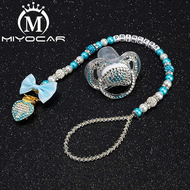 

MIYOCAR personalized name blue bling crown pacifier clip pacifier holder with bling blue crown pacifier set unique gift SP013