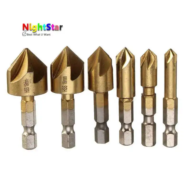 

6pcs/set 5 Flute Countersink Drill Bit Set 90 Degree Counter Sink Chamfer Cutter 1/4'' 6mm 8mm 9mm 12mm 16mm 19mm