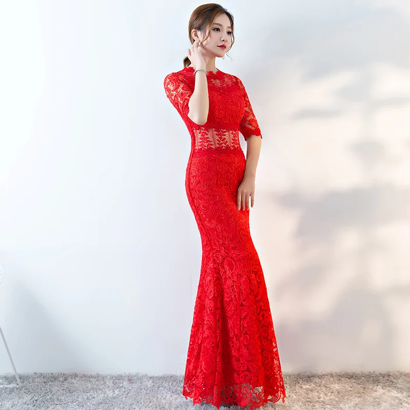 

Modern Chinese Wedding Gowns Traditional Qipao Red Lace Cheongsam Design Evening Dress Fish Dresses Vestido Oriental Qi Pao