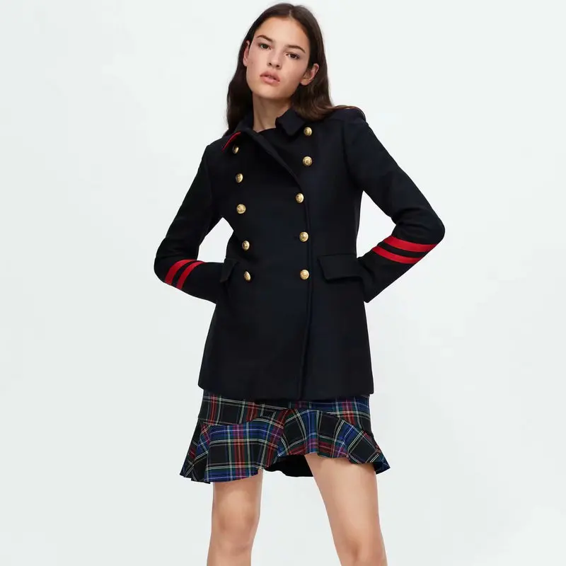 

New Women Striped Woolen Coat Casual Double Breasted With Pocket Loose Fashion Autumn Winter Long Female Warm Woolen Blends Coat