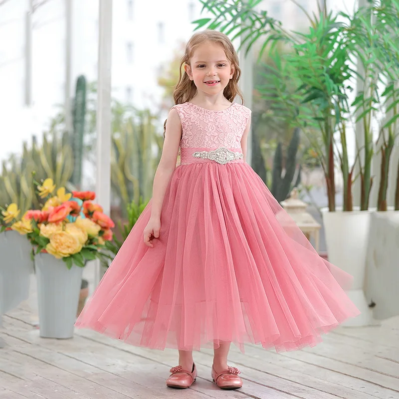 Платье принцессы для маленьких девочек Розовое Кружевное длинное платье без рукавов для свадебной вечеринки,, детская одежда От 1 до 8 лет, E13845