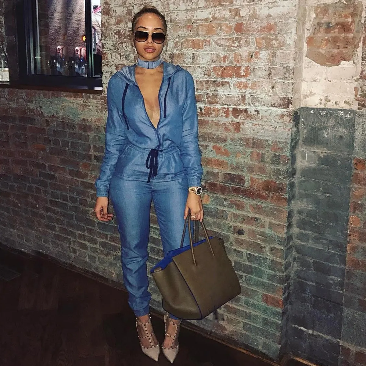 

Women Slim Solid Jeans Jumpsuit Long Sleeve Casual Denim Rompers Lace Up Zipper Front Drawstring Hooded Denim Jumpsuits Overalls