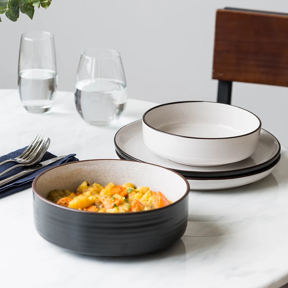 

KINGLANG Ceramic Porcelain Two Color Rice Soup Bowls Plate Dish Tableware