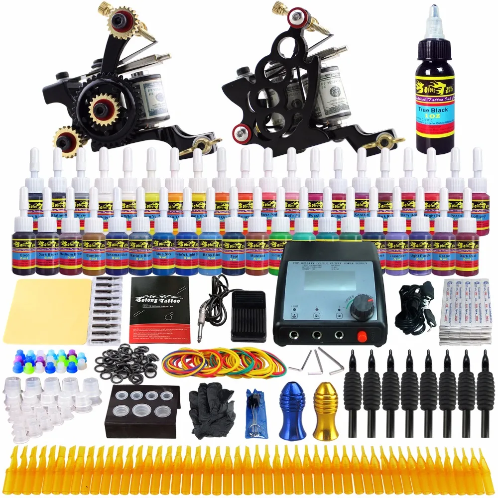 

Solong Tattoo Starter Complete Tattoo Kit Machine Kit 40 Inks Set LCD Power Supply Needles Grips Tips TK229